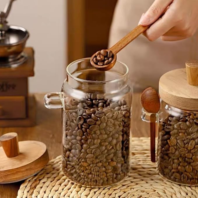 ANSQU Set of 2 Glass Food Storage Jars with Bamboo Wood Lid and Spoon, 20.3oz Glass Kitchen Canisters for Coffee, Tea, Cereal, Spice and Canning, Mason Jars, Gratitude Jar for Mother' Day
