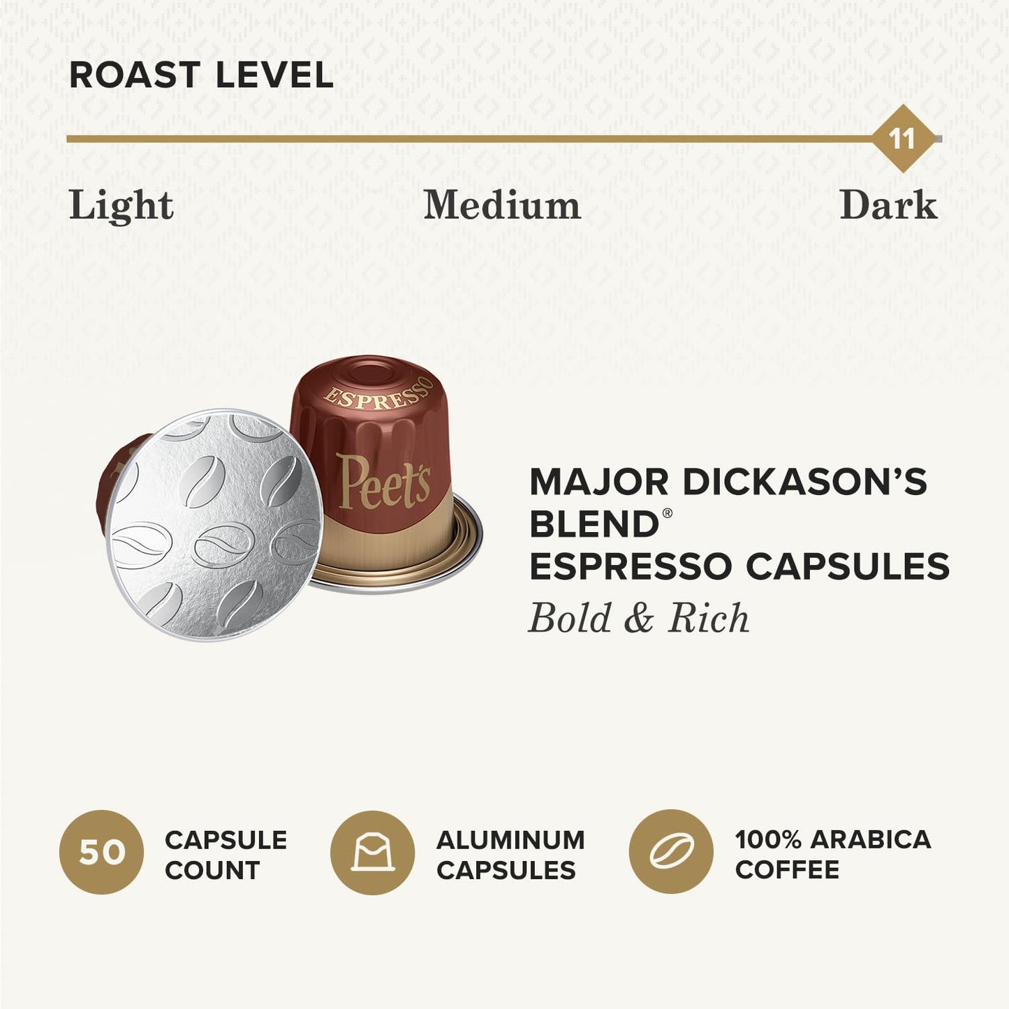 Peet's Coffee, Dark Roast Espresso Capsules, Compatible with Nespresso Original Machines - Major Dickason's Blend Intensity 11, 50 Count (5 Boxes of 10 Espresso Capsules)