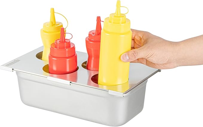 Restaurantware Squeeze Bottle Template Pack of 1 Stainless Steel 4 Hole Holder Top, 3.25" Diameter Fits 1/3 Size Food Pans, Dishwasher Friendly Integrated Lip Design Holder Top for Condiment Bottles