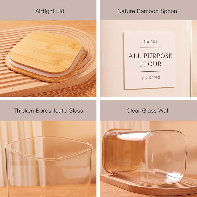 CZZGSM 2 Pack Square Glass Flour and Sugar Containers with 132 Kitchen Pantry Labels - Thicken 149 FL OZ Large Glass Storage Jars with Airtight Bamboo Lid - Big Food Canisters for Rice, Pasta, Cookie
