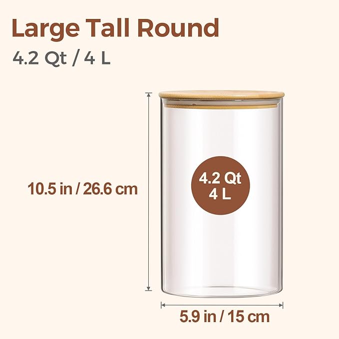 ComSaf 2Pcs Large Glass Storage Containers with Lids 4Qt, 1 Gallon Wide Mouth Flour Sugar Storage Containers, Large Capacity and Sealed for Rice, Cereal, Oat, Easy Clean and Scoop, Pantry Organization