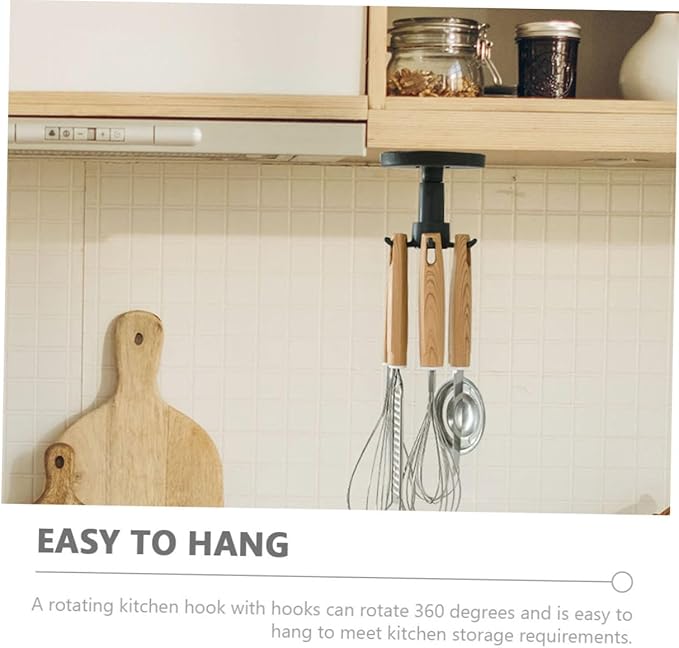 3pcs Kitchen Utensil Hooks Set with Rotating Under Cabinet Hanging Rack, Black Plastic Multi-Functional Wall Hook for Kitchen Storage and Organization