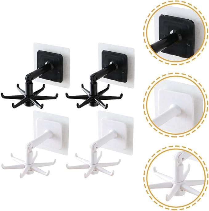 ARTIBETTER 4pcs Rotatable Kitchen Utensil Hooks Set, 360° Swivel Hanging Holders for Wall Under Cabinet Storage, Black and White Non-Drill Hooks for Space-Saving Organization