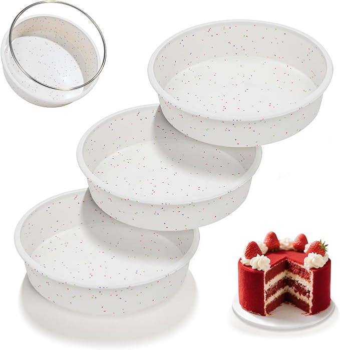 SJ 8 Inch Silicone Round Cake Pan with Metal Reinforced Frame Set of 3, Nonstick Silicone Cake Mold for Baking Suitable for Making Layers, Cheese & Chocolate Cakes