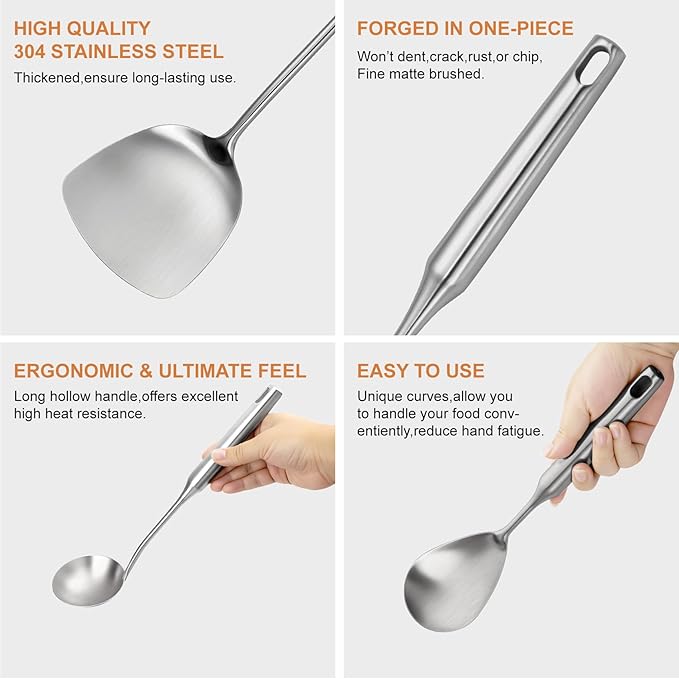 304 Stainless Steel Kitchen Utensils Set, 12 Pcs Long Metal Utensils Set with Potato Masher, Spoon, Ladle, Skimmer, Turner, Pasta Server, Tongs etc(Dishwasher Safe)