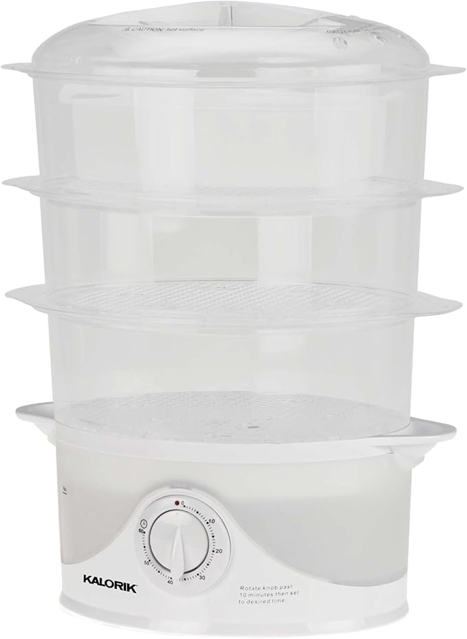 Kalorik Electric Food Steamer with Manual Controls 3-Tier with BPA Free Dishwasher Safe Baskets, 800 Watts and 60-Minute Timer Turbo Steam Feature and Easy Refill, 9-Quarts, White