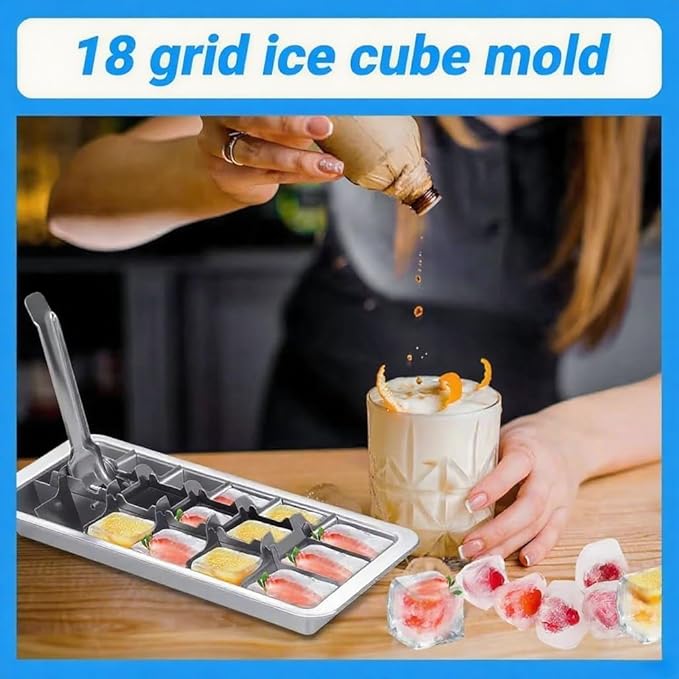 Professional Ice Cube Trays Stainless Steel - 18-Slot Heavy Duty Metal Icecube Mold, Non-Toxic Freezer Tray with Lever Release, Bar & Kitchen Use, Send Goods from Local Warehouse