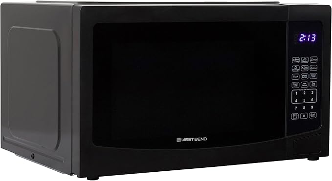 West Bend 1.1 Cu. Ft. Countertop Microwave Oven, 1000 Watts, Compact Design, 6 One-Touch Presets, Glass Turntable, Ideal for Dorms, Offices, RVs & Small Spaces, 1.1 cu.ft., Black