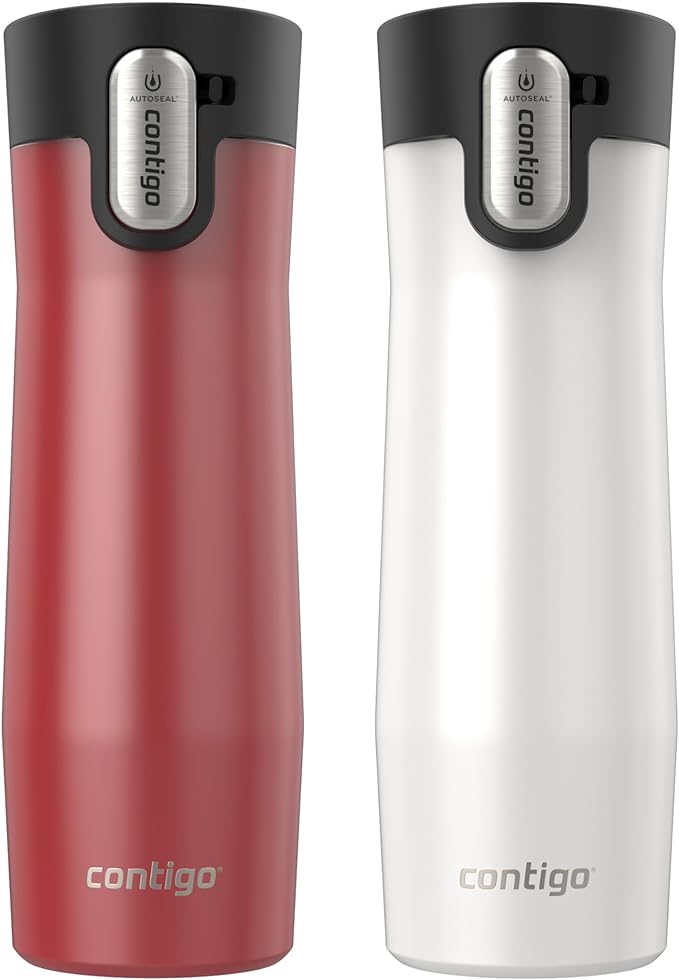 Contigo AUTOSEAL West Loop Vacuum-Insulated Stainless Steel Travel Mug with Easy-Clean Lid 20 oz 2 pack Goji Berry Frosted Pearl Frosted Pearl