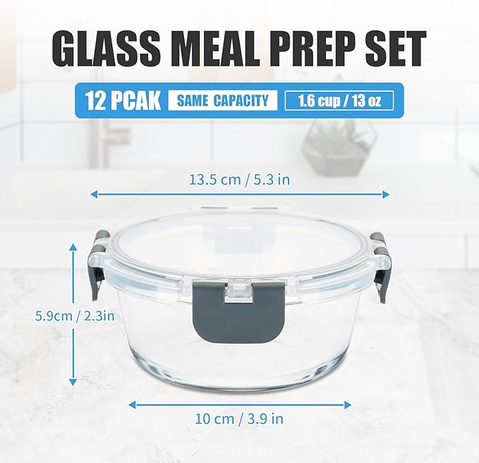 GULFLIN 12 Pack Small Glass Food Storage Containers with Lids Airtight, 13oz Leak-Proof Meal Prep Containers Set, Freezer to Microwave Safe, Dishwasher Safe