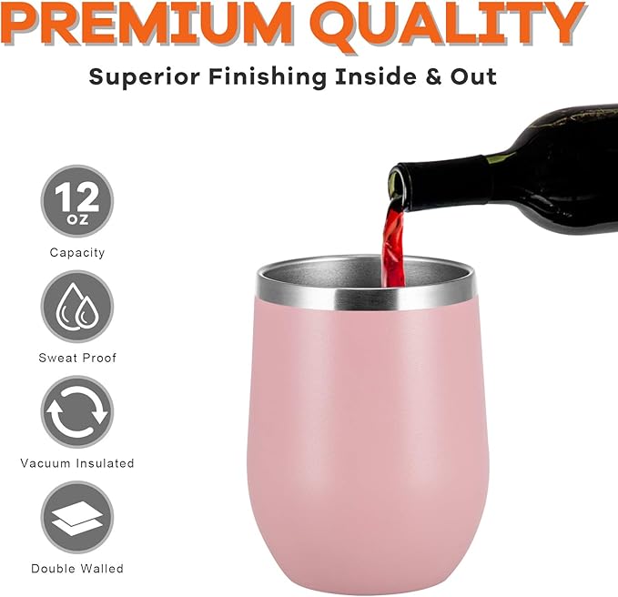 COMOOO Stainless Steel Wine Tumbler 4 Pack with Lid and Straw 12oz Double Wall Vacuum Insulated Travel Tumbler Cup Stemless for Hot and Cold Drinks,Coffee,Wine,Cocktails, Pink