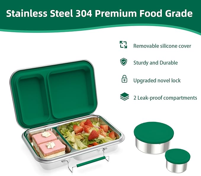 Stainless Steel Bento Box for Adults, 22.6 oz Compact 2-Compartment Metal Lunch Box with 2 Containers, BPA-Free Portion Control Food Container for Work and Travel, Dishwasher Safe(Green)