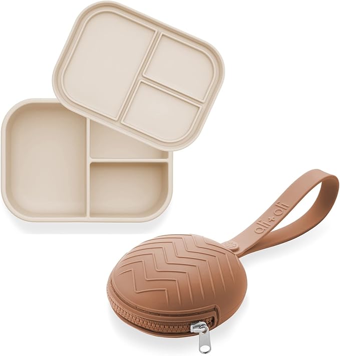 Ali+Oli Bundle, Silicone Pacifier Case (Chutney) Newborn Pacifier Holder, Travel Baby Pacifiers Silicone Pouch, Leak Proof Bento Box (Coconut) Food-Grade Silicone Bento Box