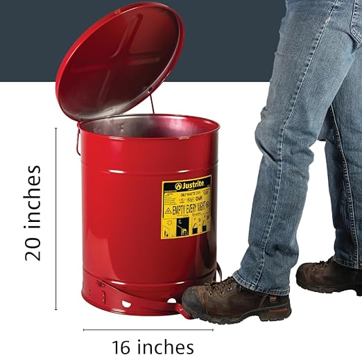 Justrite 14 Gallon Galvanized Steel Oily Waste Can, 20" x 16" Metal Oil Rag Safety Can with Foot Operated Self-Closing Lid for Oil Rag Disposal, Made in The USA, Red, 09500