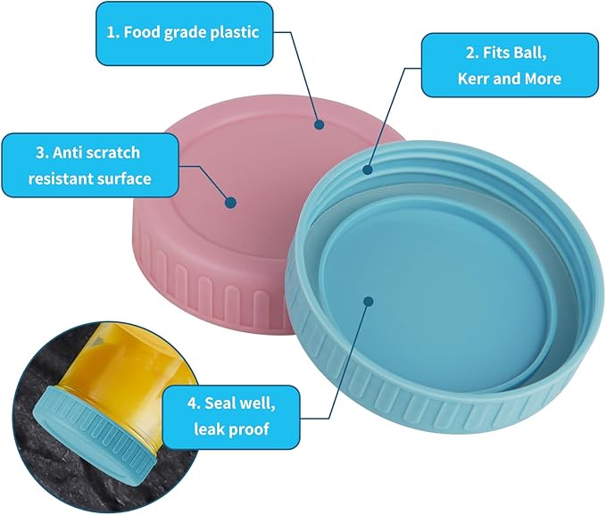 Vaincre 8PCS Mason Jar Lids - Colored Plastic Mason Lids Regular Mouth, Leak Proof Canning Covers with Silicone Rings for Ball, Kerr and More, Reusable Can Tops Caps Covers for Jars