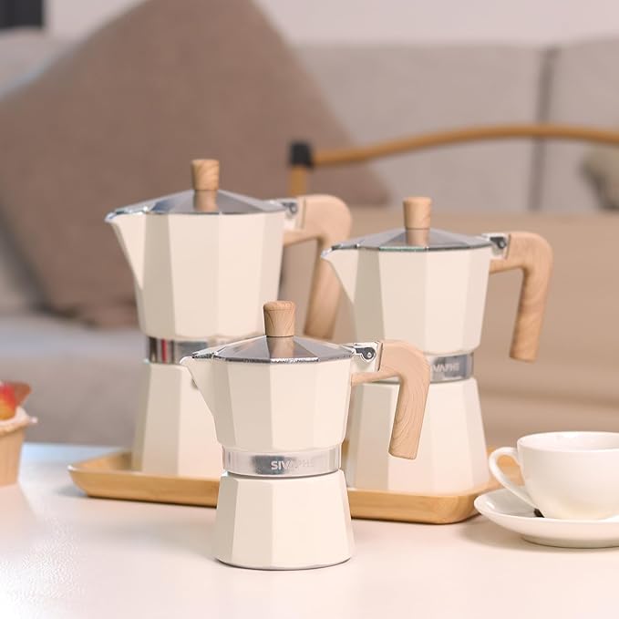 Sivaphe Aluminum Moka Pot 3 Espresso Cups, Percolator Espresso and Coffee Maker, Portable Stovetop Italian and Cuban Café Brewer for Home and Camping White
