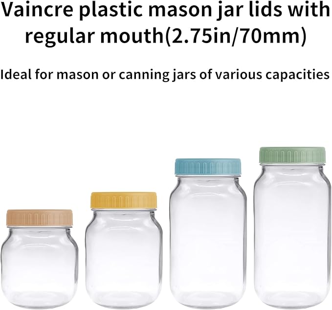 Vaincre 8PCS Mason Jar Lids - Colored Plastic Mason Lids Regular Mouth, Leak Proof Canning Covers with Silicone Rings for Ball, Kerr and More, Reusable Can Tops Caps Covers for Jars