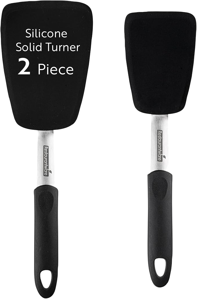 Restaurantware Comfy Grip Silicone Turner 1 Durable Cooking Turner - Stainless Steel Body Rubber Handle With Hole Black Silicone Flipper Spatula Tolerates Up To 446F Dishwashable
