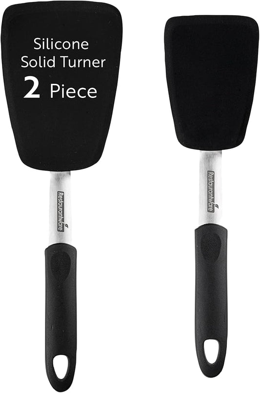 Restaurantware Comfy Grip Silicone Turner 1 Durable Cooking Turner - Stainless Steel Body Rubber Handle With Hole Black Silicone Flipper Spatula Tolerates Up To 446F Dishwashable