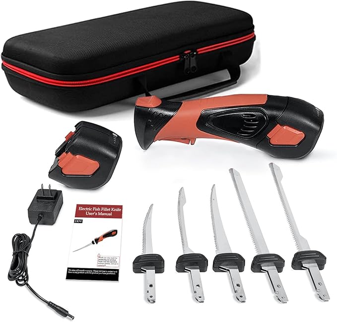 Cordless Electric Fillet Knife - 5 Ti-Nitride Coated Non-Stick Blades, Ergonomic Non-Slip Grip Handle & Cooling Vent Stylish with Carry Bag ,Perfect Electric Knife for Effortless Fishing (Orange)