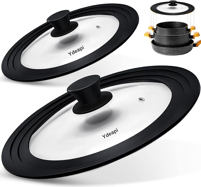 Ydeapi Universal Lids for Pots, Pans & Skillets - Fits 6.5", 7" & 8" Diameter, 9.5", 10" & 11" Diameter Cookware，Tempered Glass with High Heat Resistant Silicone Rim-2PK Cookware（2PK）