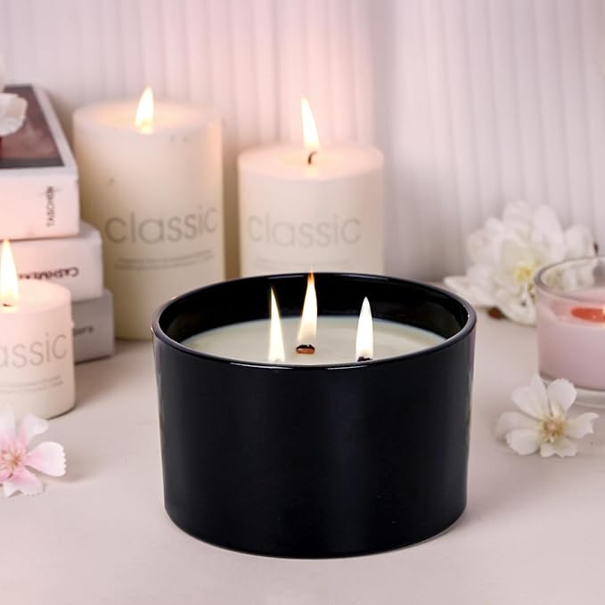 CONNOO 24oz Matte Black Glass Candle Jars 6 Pack, Multi-Wick Wide Mouth Empty Bulk Candle Containers for Making Candles with Airtight Bamboo Lids, Sticky Warning Labels, Wick kit- Dishwasher Safe