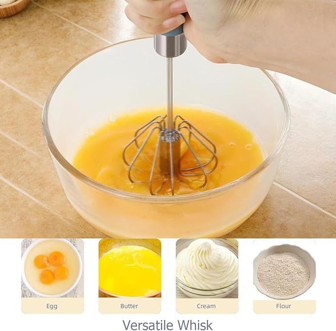 2 Pack Semi Automatic Whisk, Stainless Steel Mini Hand Push Whisks for Cooking, Easy to Use Egg Beater Tool for Cooking, Whisking, Beating, Stirring