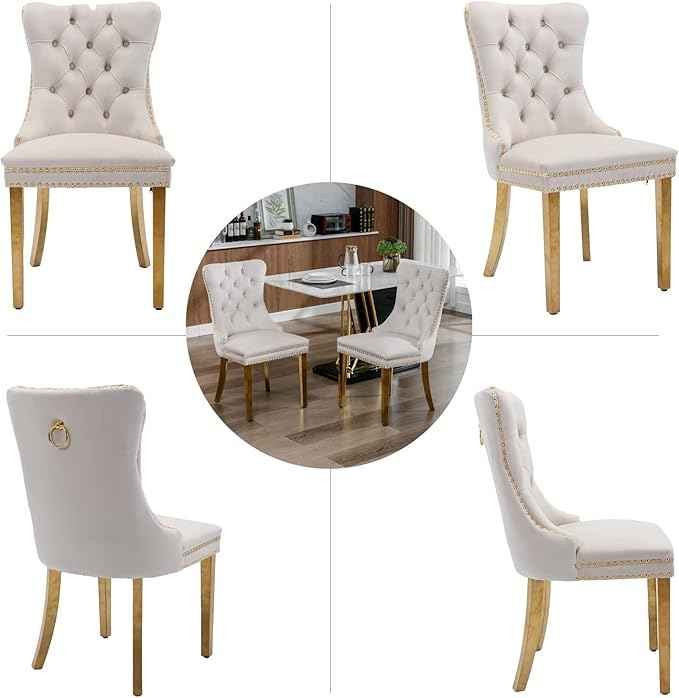 Beige Velvet Dining Chairs Set of 4, Upholstered Dining Room Chairs with Back Ring Pull Trim and Golden Stainless Steel Legs,Modern Kitchen Chairs for Dining Room,Living Room,Kitchen(Beige)