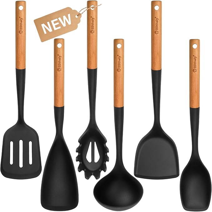 Large Silicone Kitchen Utensils Set, 6 PCS Nonstick Cooking Utensils Set with Wooden Handle, Heat Resistant and BPA Free Silicone Utensil Spatula Set for Cooking with Turner, Spoon and Ladle(Black)