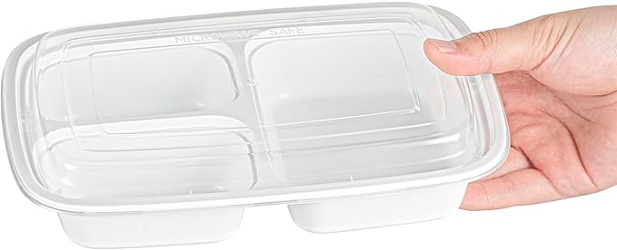 Restaurantware Asporto 26 Ounce Compartment Take Out Boxes, 100 Microwavable Meal Prep Containers - 3 Compartments, With Clear Plastic Lids, White Plastic Food Containers, Do Not Contain BPA