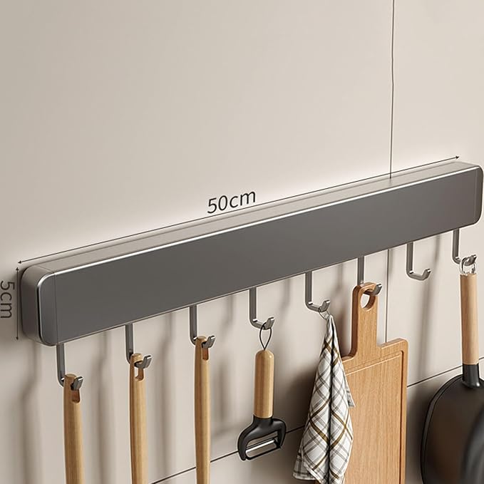 Kitchen Utensil Hanger Wall Mounted Hooks, No Drilling Removable and Adjustable Hooks Kitchen Rail with 8 Hooks for Hanging Cooking Utensils, Mugs, Spoons (10 Hooks)