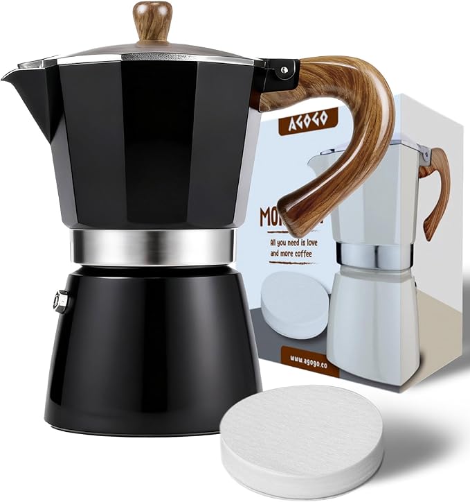AGOGO Milano Moka Pot Stovetop Espresso Maker with 100 Paper Filters for Sediment-Free Coffee, Classic Italian Greca with Wood-Grain Handle,Cleaning Brush & Towel 6 Cup (10oz / 300ml) Black