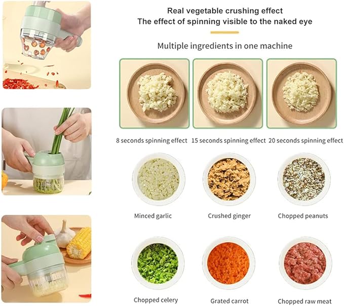 4 in 1 Handheld Electric Vegetable Cutter Set, Multifunctional Mini Electric Grinder Garlic Mud Masher Chopper, Portable Food Processor with Brush, for Garlic Chili Onion Ginger Celery Meat
