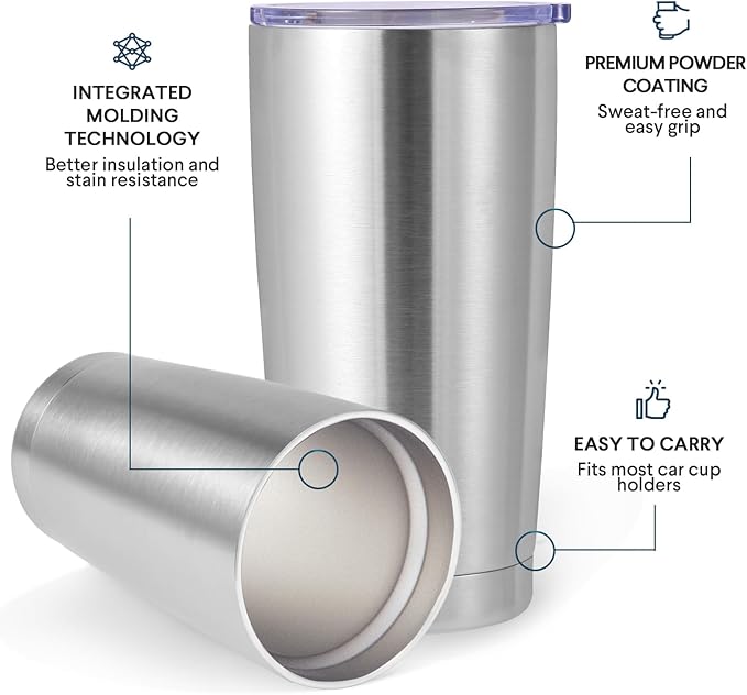 Volhoply 20oz Stainless Steel Tumbler with Lid and Straw,Double Wall Insulated Travel Iced Coffee Mug Fits Car Cup Holder,Powder Coated Cups for Hot and Cold Drinks,Gifts for Women Men（Silver,1 Set）