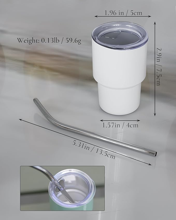 UIRZOTN 3oz Mini Tumbler Shot Glass with Straw and Lid, 12 Pack Stainless Steel Sublimation Shot Glasses for Wedding Party Whiskey Cocktail Bar with Straw and Lid (White)