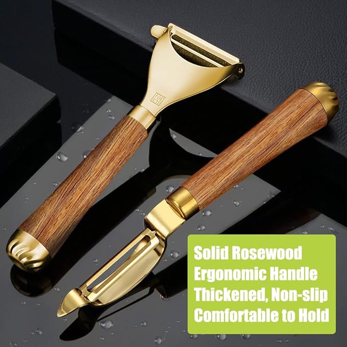 Potato Peelers,Premium 304 Stainless Steel Vegetable Peeler Set, Rosewood Handle For Kitchen, Veggie Fruit Peeler, Apple Carrot Cucumber Peeler，Ultra Sharp Rotary Blade, 2-Piece(Gold)