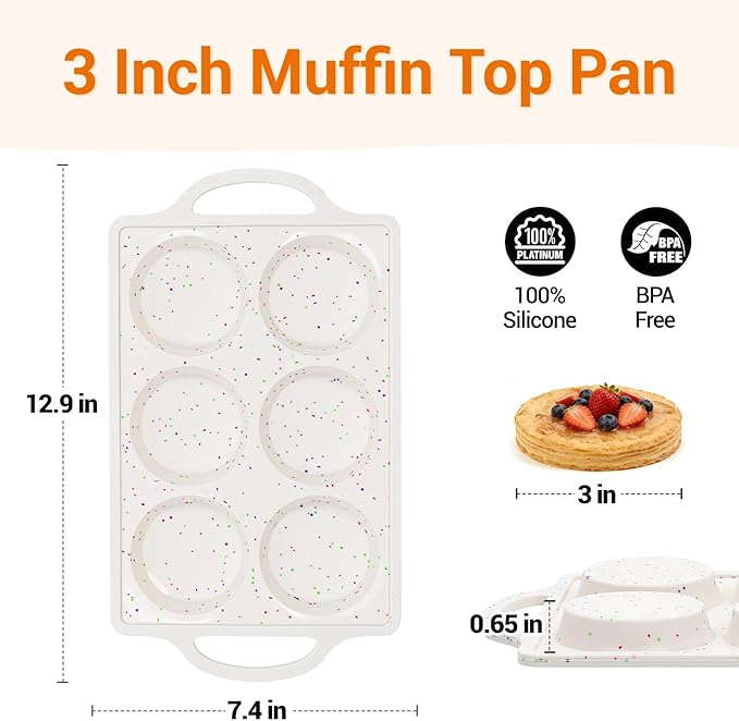 FUNBAKY Muffin Top Pan Non Stick, 3 Inch Metal Frame Silicone Egg Molds for breakfast sandwiches, Whoopie Pies, Egg Bites, English Muffins, 2 Pcs Confetti