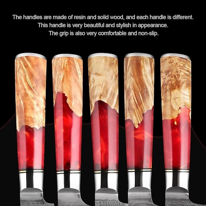 Epicurean Cook Tidal Collection 8 PCS Damascus Knife Set: Japanese Kitchen Knives in an Elegant Box with Red Resin and Burl Wood handles with VG10 Steel Core Ultra-Sharp Professional Chef Knife Set!