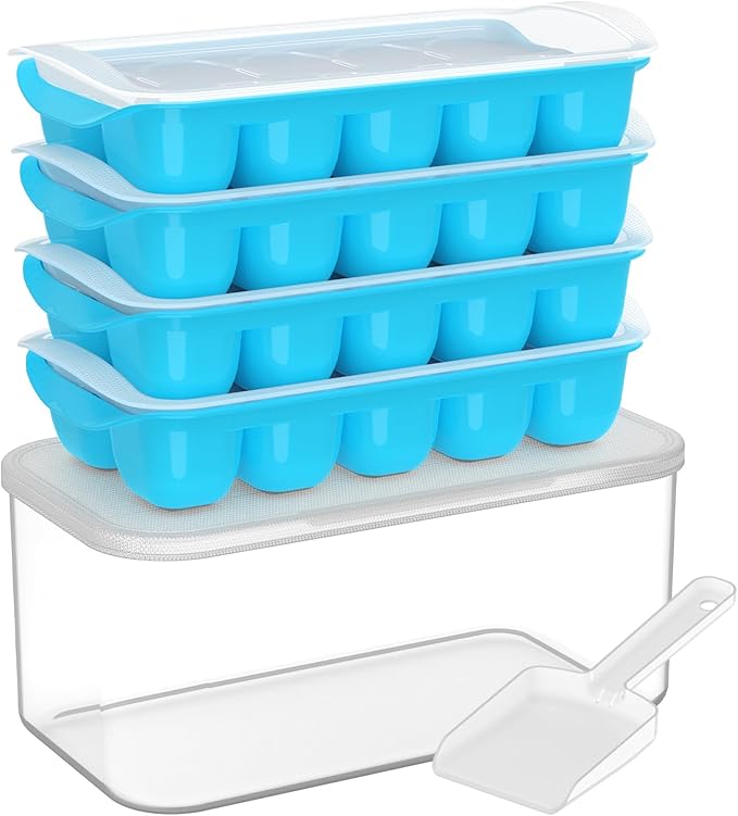 DOQAUS Ice Cube Tray with Lid and Bin - 4 Pack Ice Bucket Kits, Stackable Silicone Ice Trays for Freezer, Easy Pop Out, BPA Free for Cocktail, Coffee, Soup, Food, RV, Kitchen