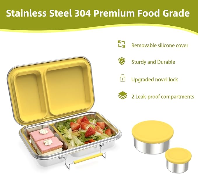 Stainless Steel Bento Box for Adults, 22.6 oz Compact 2-Compartment Metal Lunch Box with 2 Containers, BPA-Free Portion Control Food Container for Work and Travel, Dishwasher Safe(Yellow)
