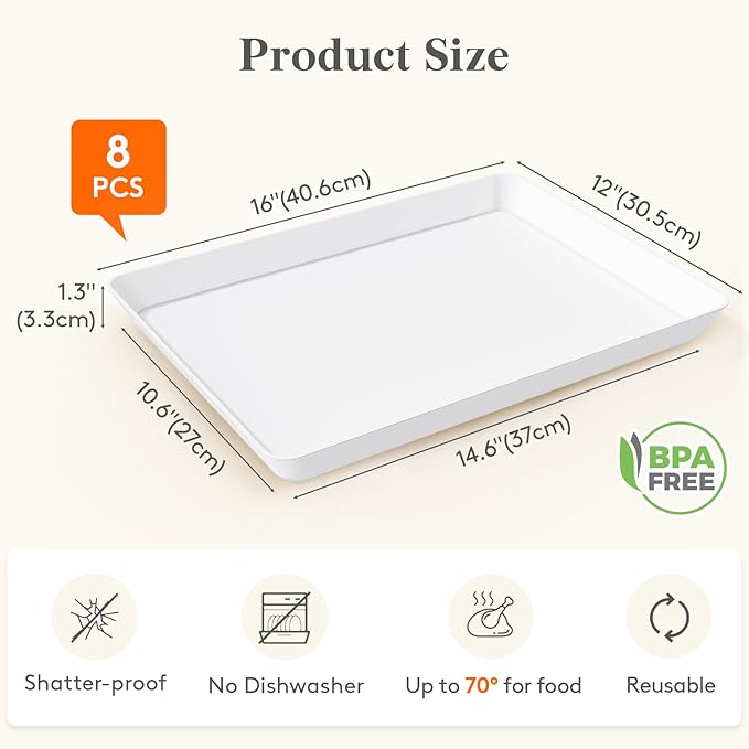 Lifewit Serving Tray for Party Supplies, Reusable Serving Platter for Catering, Snack, Fruit, Charcuterie, Appetizer, Plastic Food Trays, Hosting Essentials, BPA Free, 8 Pcs, Extra Large(16" x 12")