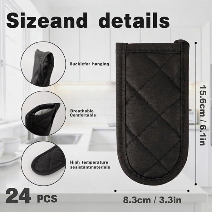 24 Pack Heat Resistant Cast Iron Handle Covers, Non-Slip Cotton Skillet Sleeves for Hot Pot & Pan, Washable Quilted Cookware Protectors for Baking & BBQ, Black (6.1 x 3.3 in)