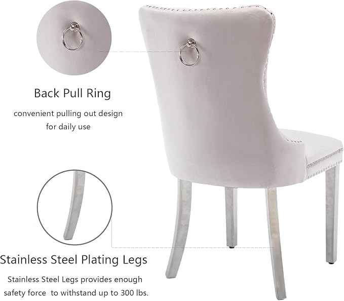 Dining Room Chairs Set of 4, Velvet Upholstered Dining Chairs with Back Ring Pull Trim and Sliver Stainless Steel Legs,Modern Dining Chair Perfect for Dining Room,Living Room,Kitchen(Beige)