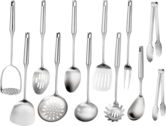 304 Stainless Steel Kitchen Utensils Set, 12 Pcs Long Metal Utensils Set with Potato Masher, Spoon, Ladle, Skimmer, Turner, Pasta Server, Tongs etc(Dishwasher Safe)