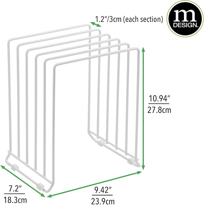 mDesign X-Large Steel Storage Tray Organizer Rack for Kitchen Cabinet - Divided Holder with 5 Slots for Skillets, Frying Pan, Pot Lids, Cutting Board, Baking Sheets - Concerto Collection - White