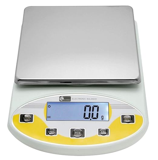 CGOLDENWALL Large Range Lab Digital Analytical Balance Lab Precision Scale Jewelry Kitchen Scales Electronic Balance Weighing and Counting Scale 0.1g Calibrated Pan Size 180140mm Yellow (5kg, 0.1g)