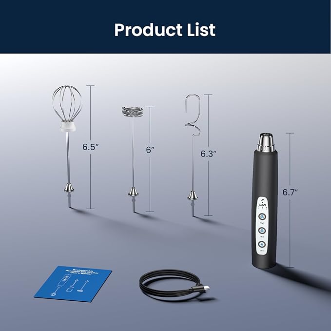 Sakgos Milk Frother Rechargeable Handheld-Electric Whisk 3 Speed Adjustable, Frother Wand Coffee with 3 Stainless Whisks, Electric Foam Maker, Drink Mixer Blender for Latte Cappuccino Matcha Egg