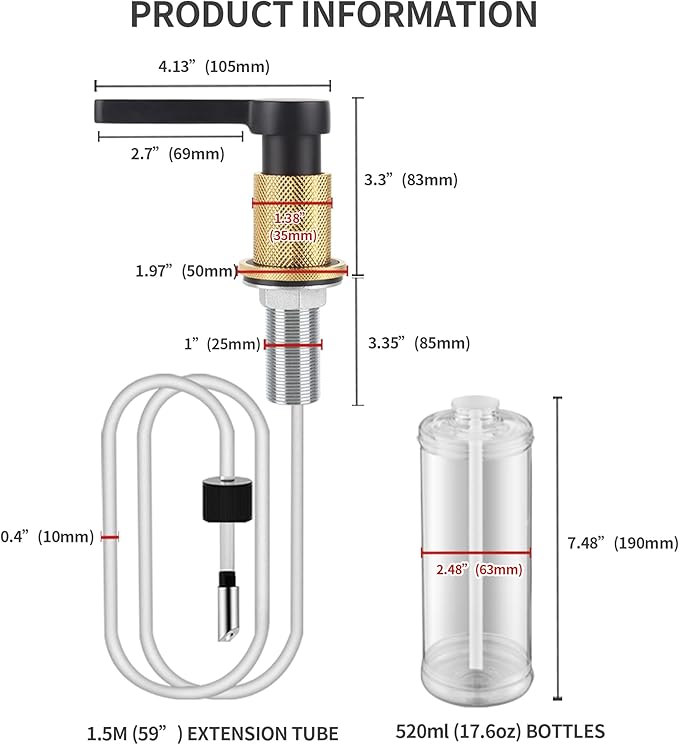 SD-80 All Brass Sink Soap Dispenser for Kitchen Sink Copper Pump Built in Dish Soap Dispenser with 17.6 oz(520ml) Bottle and 59"(1.5m) Extension Tube Kit (Matte Black)