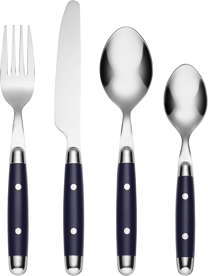 Cambridge Silverware Set, Jubilee Blue 16-Piece Flatware Set, Service For 4, 18/0 Stainless Steel, Knives Spoons And Forks Sets, Dishwasher Safe, Home And Kitchen Utensils (Black/Silver, 16 Piece)