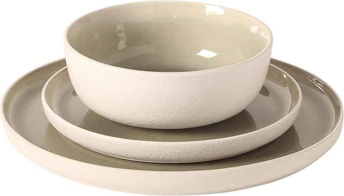 Gibson Elite Tahoe Sunset 12-Piece Reactive Stoneware Dinnerware Set – Matte Exterior & Shiny Interior Plates and Bowls, Durable Everyday Dish Set, Microwave & Dishwasher Safe - Grey